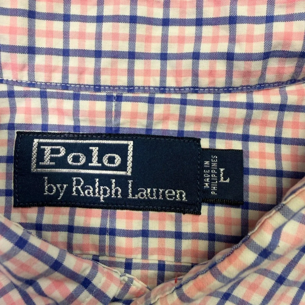 Polo Ralph Lauren Button Down Shirt Mens Large Pink Blue Checkered Cotton Preppy